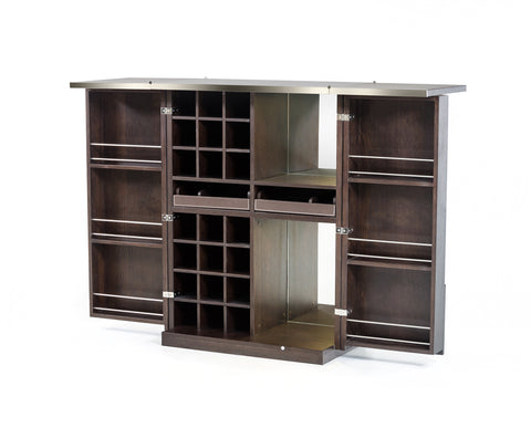 Image of HomeRoots 47" Brown Oak Veneer And Leatherette Wine Cabinet 284412