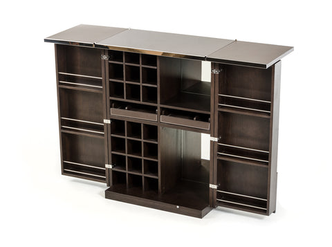 Image of HomeRoots 47" Brown Oak Veneer And Leatherette Wine Cabinet 284412