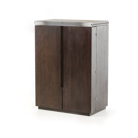 Image of HomeRoots 47" Brown Oak Veneer And Leatherette Wine Cabinet 284412