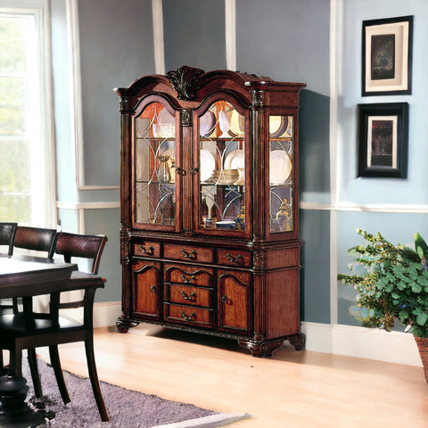 Image of HomeRoots 21" Brown Solid Wood Frame Dining Hutch With Three Shelves And Six Drawers  346970