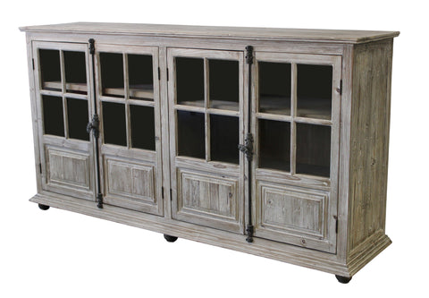 Image of HomeRoots 83" White Wash Gray Solid Wood Four Door Side Board with Glass Inserts 489024